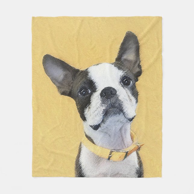 Boston Terrier Painting - Cute Original Dog Art Fleece Blanket (Front)