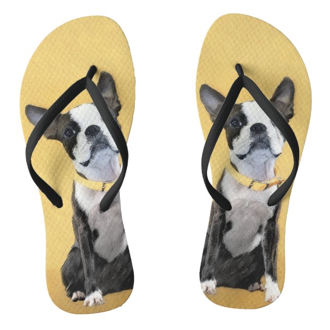 Boston Terrier Painting - Cute Original Dog Art Flip Flops (Footbed)