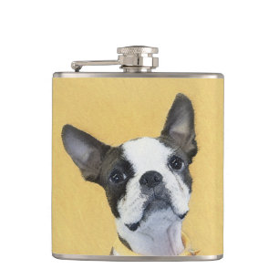 Boston Terrier Painting - Cute Original Dog Art Hip Flask