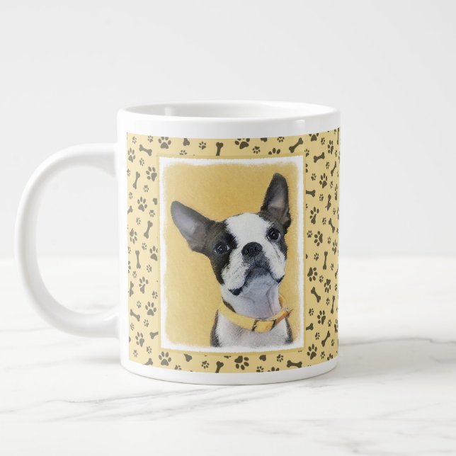 Boston Terrier Painting - Cute Original Dog Art Large Coffee Mug (Left)