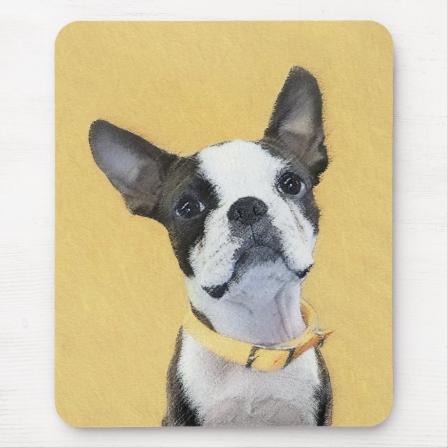 Boston Terrier Painting - Cute Original Dog Art Mouse Pad (Front)