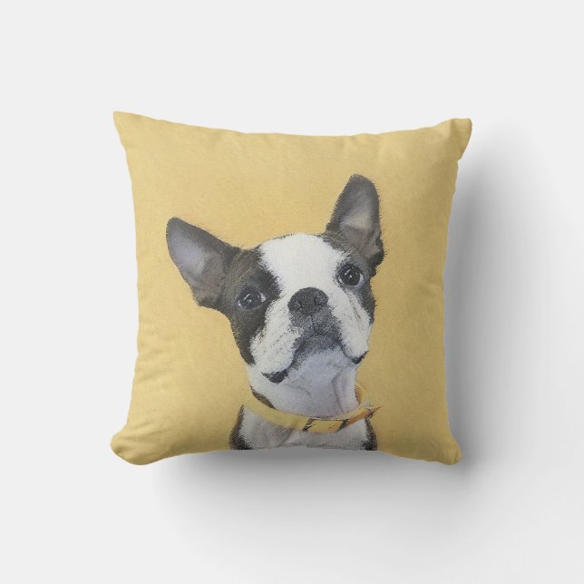 Boston Terrier Painting - Cute Original Dog Art Outdoor Pillow (Front)