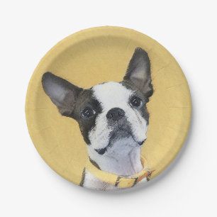 Boston Terrier Painting - Cute Original Dog Art Paper Plate