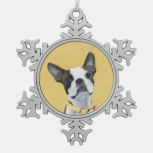 Boston Terrier Painting - Cute Original Dog Art Snowflake Pewter Christmas Ornament