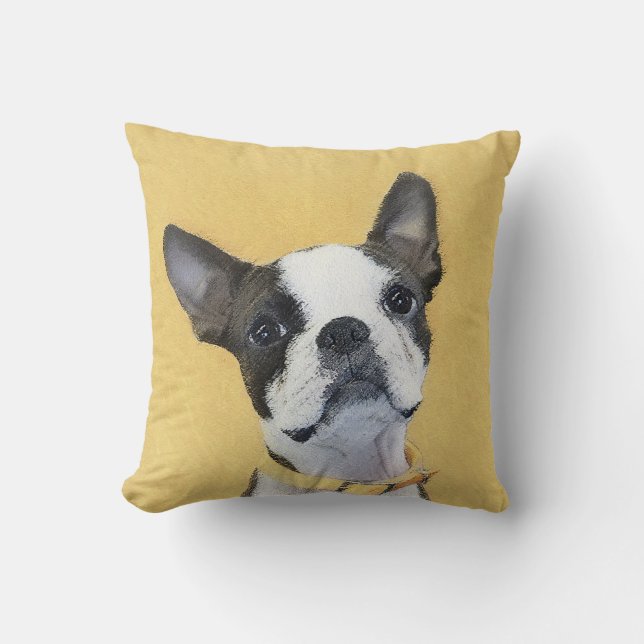 Boston Terrier Painting - Cute Original Dog Art Throw Pillow (Front)