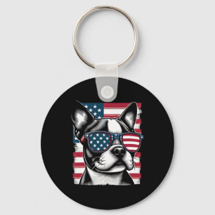 Boston Terrier Patriotic Sunglasess American Flag  Keychain