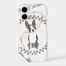 Boston Terrier Paw Prints and Marble Background