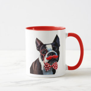 Boston Terrier Portrait with Red Bow Tie and 2 Mug