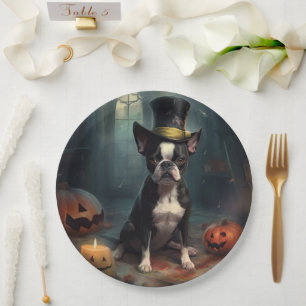Boston Terrier Pumpkins Halloween Scary Paper Plate