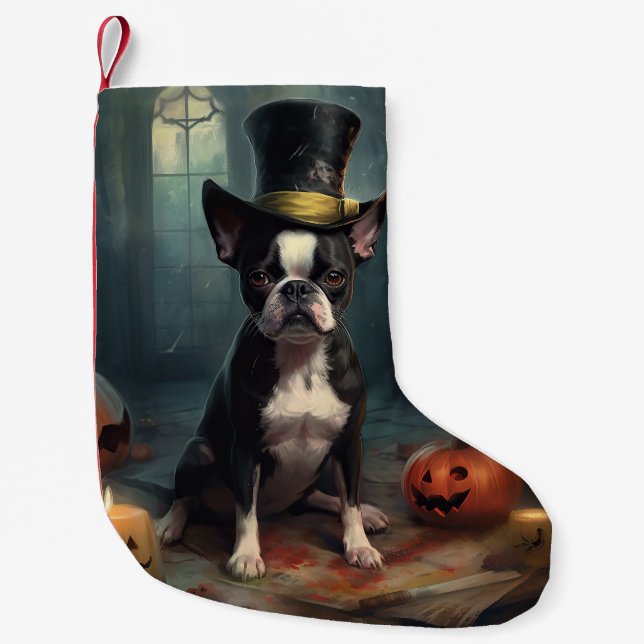 Boston Terrier Pumpkins Halloween Scary Small Christmas Stocking (Front)