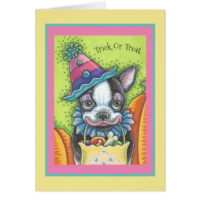 BOSTON TERRIER PUP, HALLOWEEN CLOWN CHIEN CARD VER (Devant)
