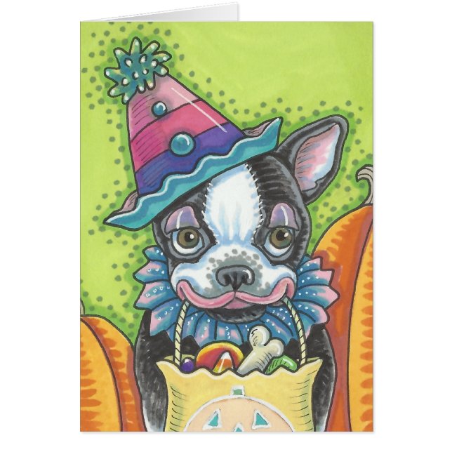 BOSTON TERRIER PUP, HALLOWEEN CLOWN CHIEN CARTE Vi (Devant)