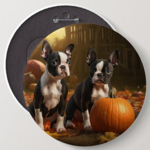 Boston Terrier Puppy Autumn Delight Pumpkin 6 Inch Round Button