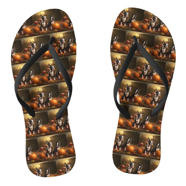 Boston Terrier Puppy Autumn Delight Pumpkin Flip Flops (Footbed)