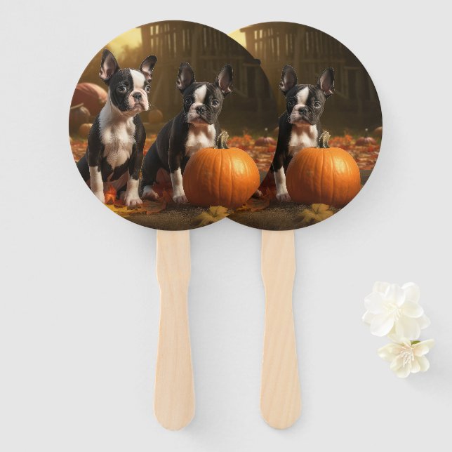 Boston Terrier Puppy Autumn Delight Pumpkin Hand Fan (Front and Back)