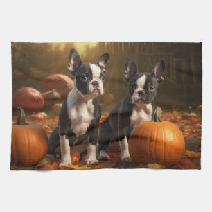 Boston Terrier Puppy Autumn Delight Pumpkin Kitchen Towel