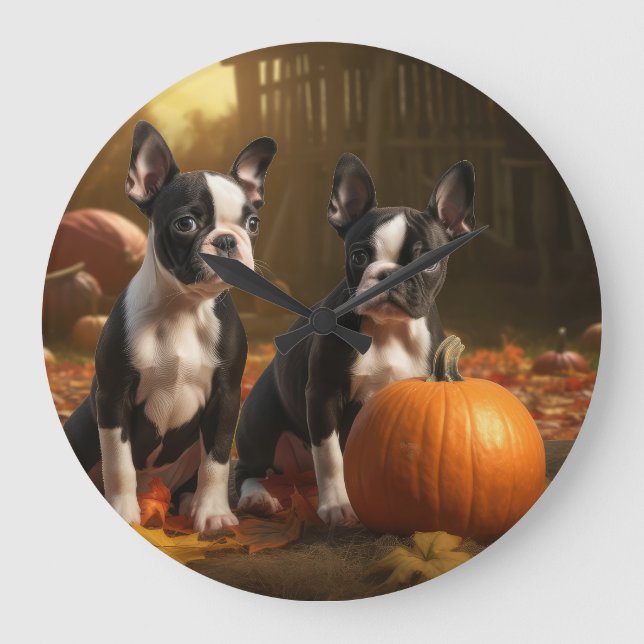 Boston Terrier Puppy Autumn Delight Pumpkin Large Clock (Front)