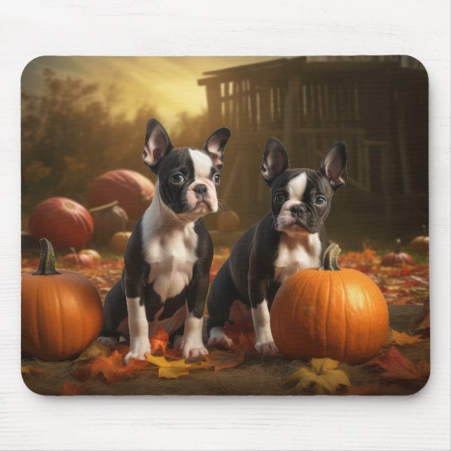 Boston Terrier Puppy Autumn Delight Pumpkin Mouse Pad (Front)