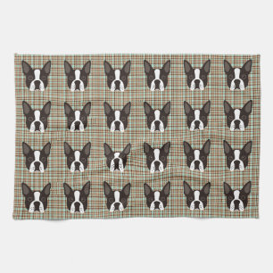 Boston Terrier Puppy Dog Tartan Plaid Kitchen Towel