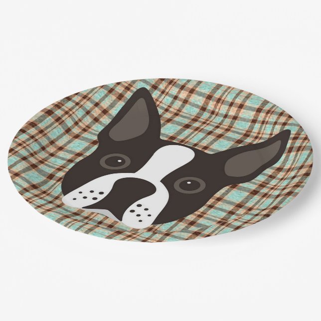 Boston Terrier Puppy Dog Tartan Plaid Paper Plate (Angled)