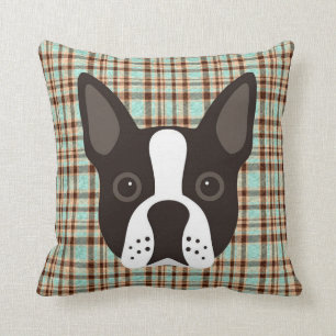 Boston Terrier Puppy Dog Tartan Plaid Throw Pillow
