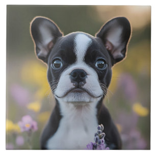 Boston Terrier Puppy Lupine Flowers Tile