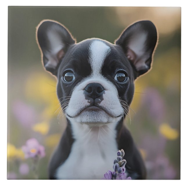 Boston Terrier Puppy Lupine Flowers Tile (Front)