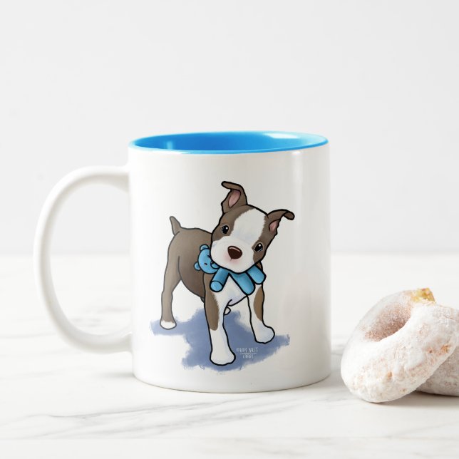 Boston Terrier Puppy Two-Tone Coffee Mug (With Donut)