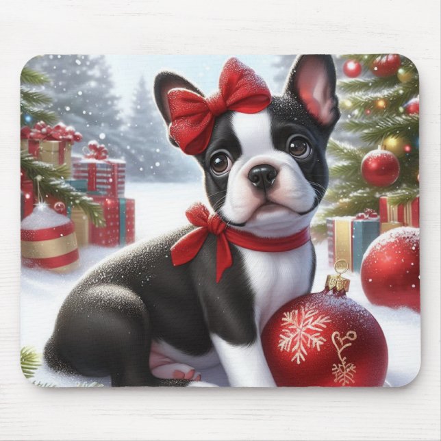 Boston Terrier Puppy with Christmas Ornaments Mouse Pad (Front)