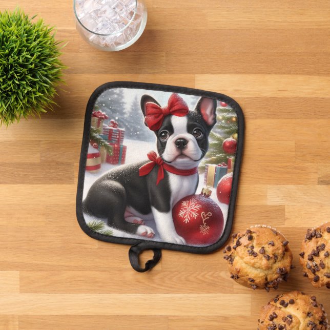 Boston Terrier Puppy with Christmas Ornaments  Pot Holder (Top Down)