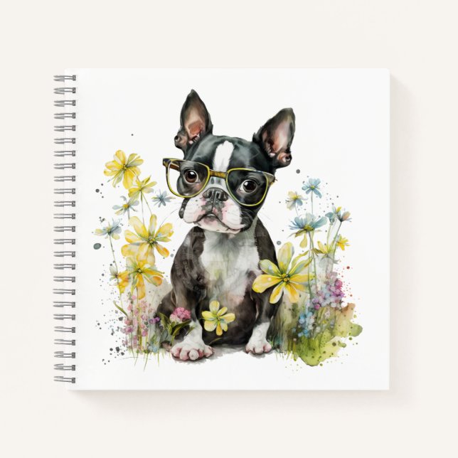 Boston Terrier Puppy with Glasses in Wildflowers Notebook (Front)
