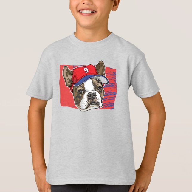 Boston Terrier Red Baseball Hat BKG T-Shirt (Front)