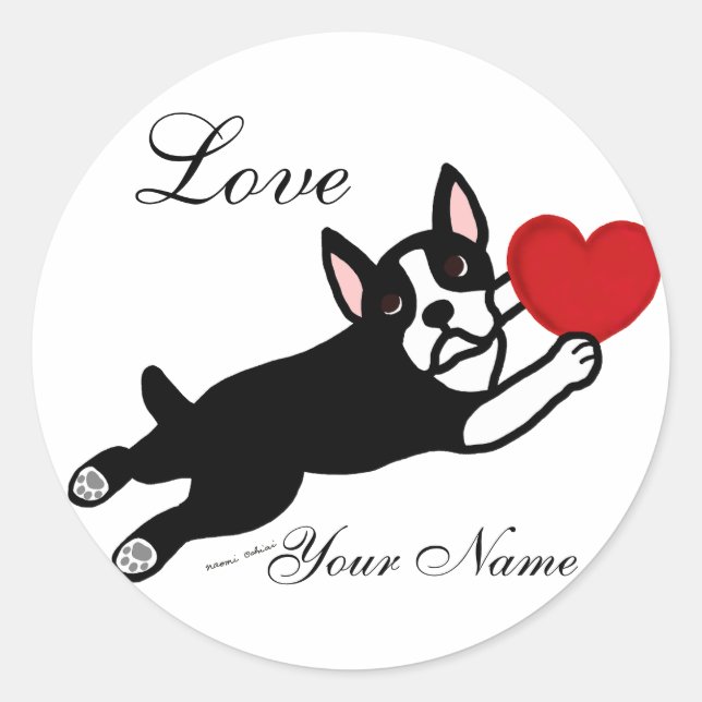Boston Terrier & Red Heart Cartoon Classic Round Sticker (Front)