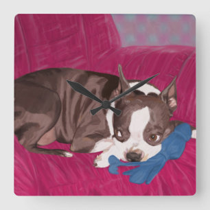 Boston Terrier Resting on Red Couch -Digital Paint Square Wall Clock