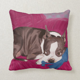 Boston Terrier Resting on Red Couch -Digital Paint Throw Pillow