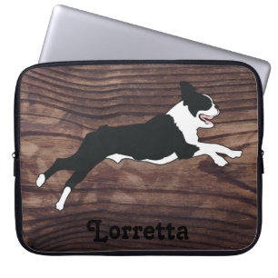 Boston Terrier Rustic Faux Wood Personalized Laptop Sleeve