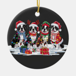 Boston Terrier Santa hat antlers elf Christmas Ceramic Ornament