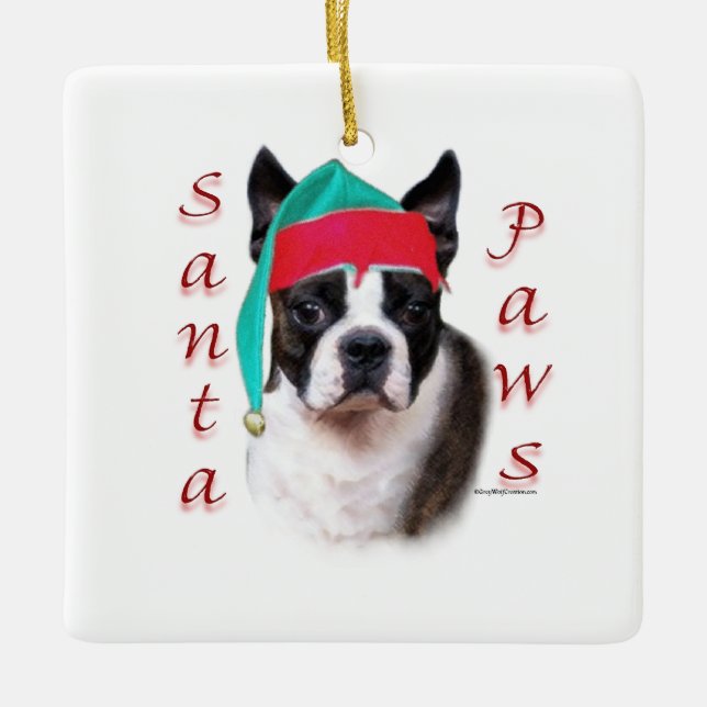 Boston Terrier Santa Paws Ceramic Ornament (Front)