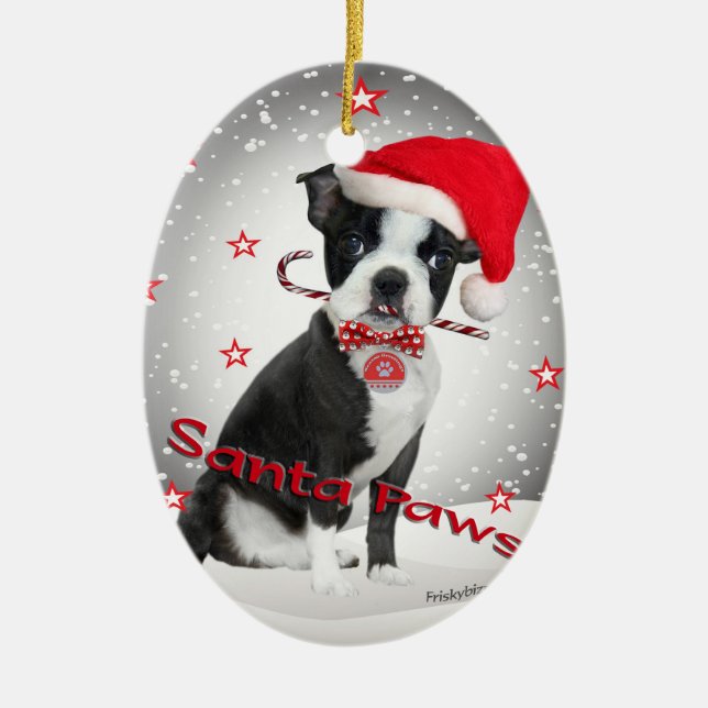 Boston Terrier santa Paws Ceramic Ornament (Front)