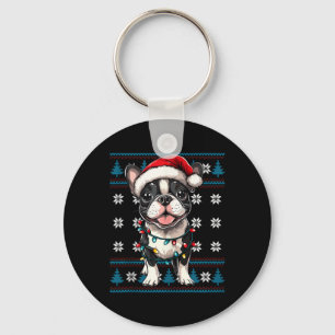 Boston Terrier Santa Xmas Tree Lights Bostie Ugly  Keychain