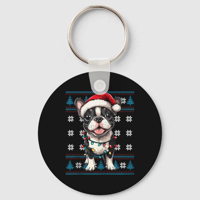 Boston Terrier Santa Xmas Tree Lights Bostie Ugly  Keychain (Front)