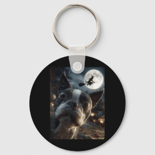 Boston Terrier Selfie Full Moon Flying Witch Keychain