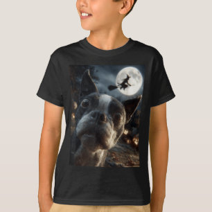 Boston Terrier Selfie Full Moon Flying Witch T-Shirt
