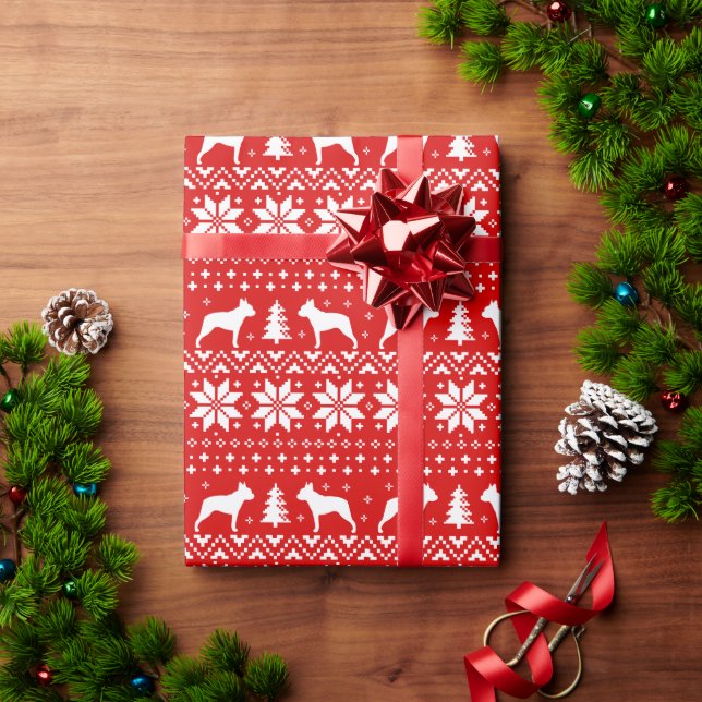 Boston Terrier Silhouettes Christmas Holiday Red Wrapping Paper (Holiday Gift)