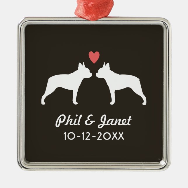 Boston Terrier Silhouettes Love Dogs Couple Custom Metal Ornament (Front)