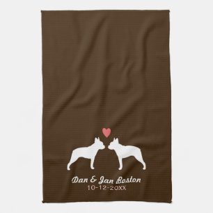 Boston Terrier Silhouettes with Heart and Text Kitchen Towel