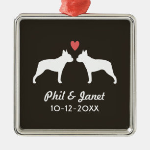 Boston Terrier Silhouettes with Heart and Text Metal Ornament