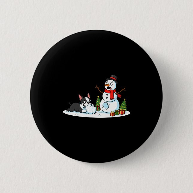 Boston Terrier Snowman Christmas Tree Xmas Womens  2 Inch Round Button (Front)