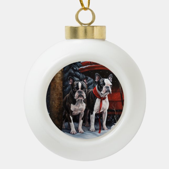 Boston Terrier Snowy Sleigh Christmas Decor   Ceramic Ball Christmas Ornament (Front)