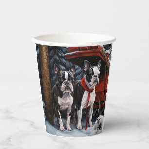 Boston Terrier Snowy Sleigh Christmas Decor Paper Cups